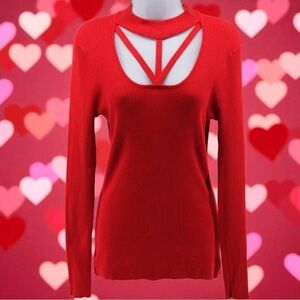 Venus Cherry Red Eyelet Detail Ribbed Long Sleeve Holiday Party Sexy Going Out M